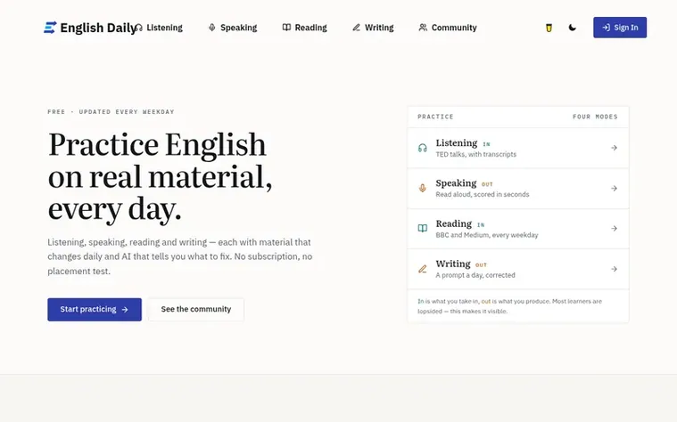 Screenshot of the English Daily homepage